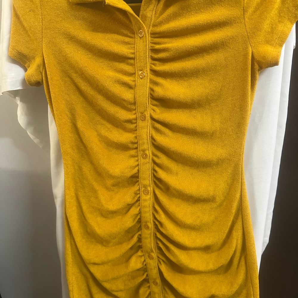 SO Mustard Ruched Button-Front Mini Dress